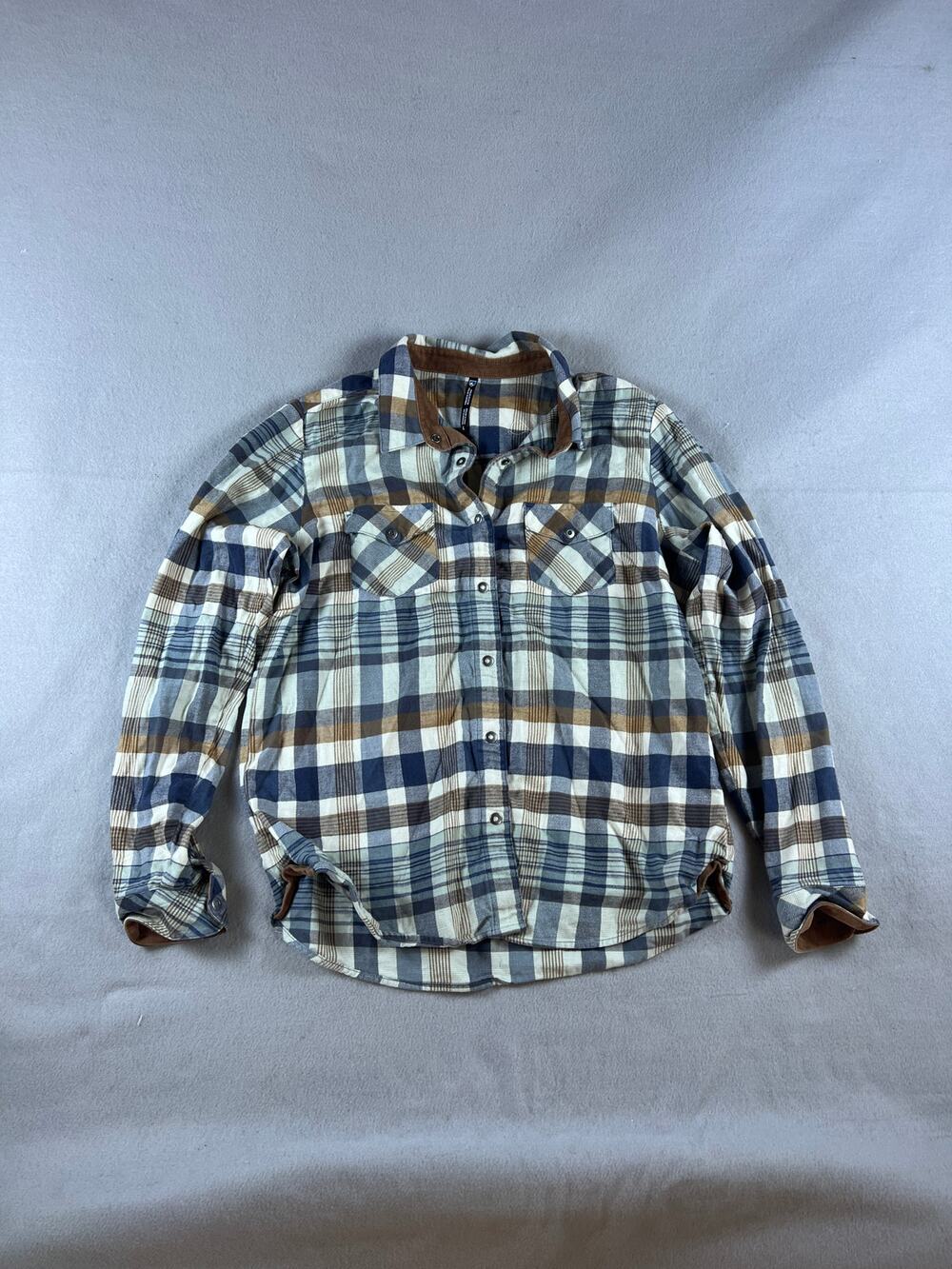 KUHL Shirt Mens L Blue Brown Snap Front Flannel Plaid Corduroy Trim Outdoor